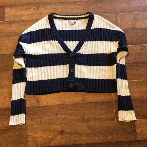 Women's American Eagle Navy White Striped Nautical Cropped Cardigan Size M - Picture 1 of 4